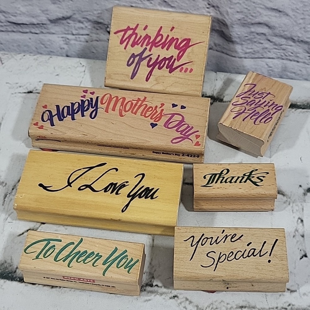 Vintage Rubber Stamps Lot Of 7 Words Phrases Mothers Day Love Thanks Hello Cheer